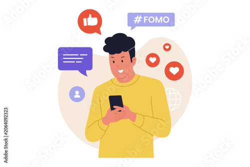 Illustration of Young Man Checking Social Network FOMO Trend. A young man smiling at his smartphone screen while surrounded by bubble speech notifications and a giant FOMO hashtag element