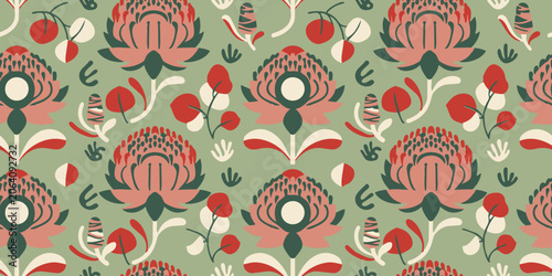 Retro floral seamless pattern featuring stylized Australian waratah flowers and botanical elements on sage green background. Ideal for textile.