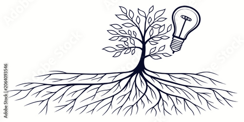 Foto Tree of knowledge represented by a lightbulb as a fruit roots spreading deep inn