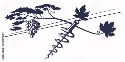 Bild auf Leinwand Wine production concept featuring a grapevine bunch and a corkscrew enology and