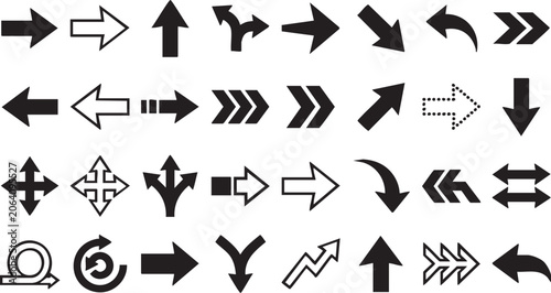 Tableau sur toile A detailed set of black arrows in various shapes, sizes, and directions on a pure white background, showcasing different styles and designs