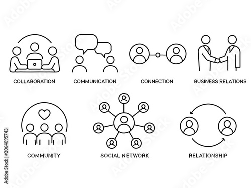 Networking icon set. Collaboration, communication, connection, business relations, community, social network, relationship. Thin line editable stroke vector outline illustrations. 