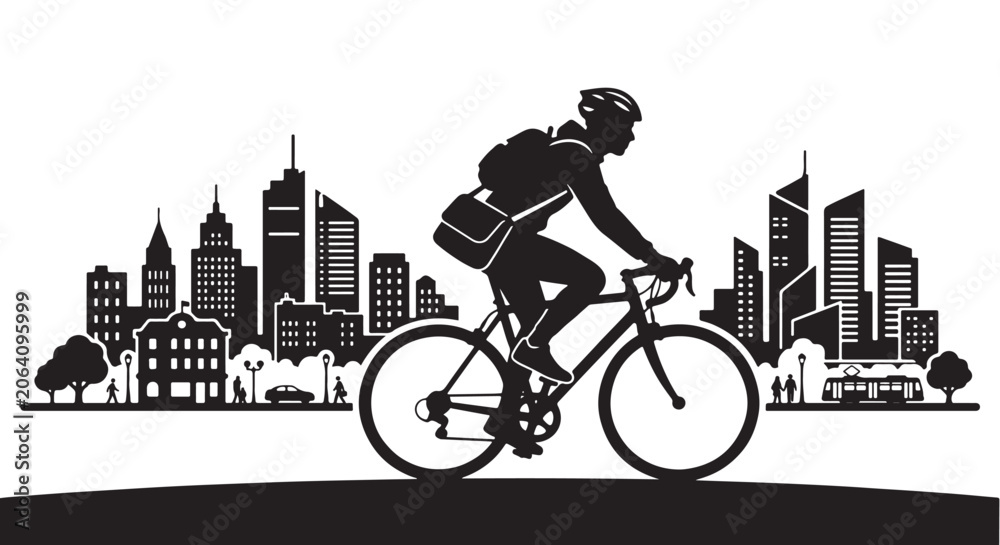 Naklejka premium Minimalist silhouette vector illustration of a cyclist riding through urban city lifestyle, white background