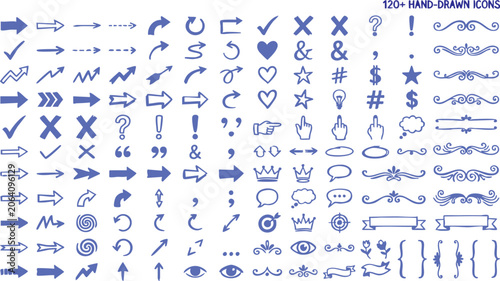 Foto A vibrant collection of over 120 hand-drawn icons in blue, featuring arrows, symbols, and decorative elements on a pure white background, showcasing a variety of styles and designs