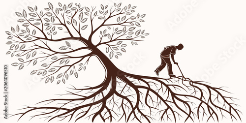 Schilderij op canvas Man nurturing tree roots illustrating growth and sustainable development with de
