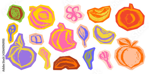 Photography Grunge Colorful Peach Fruit Stickers in Hand Drawn Style