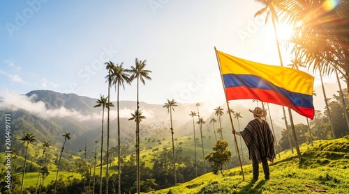 Hombre con bandera de Colombia en el Valle de Cocora con palmas de cera