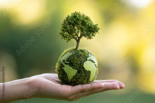 Hands Holding Green Earth Globe With Growing Plants And Sustainable Environment