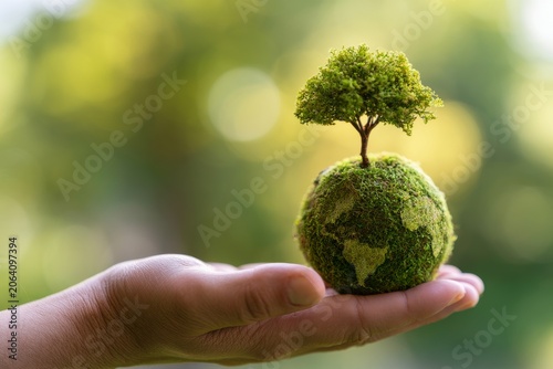 Hands Holding Green Earth Globe With Growing Plants And Sustainable Environment