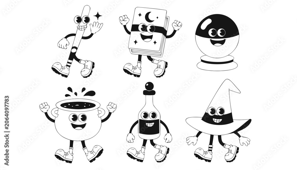 Fototapeta premium Very beautiful black-and-white cartoon character set featuring a magic wand, spell book, crystal ball, cauldron, potion bottle, and wizard hat with charming smiles, detailed linework, mystical express