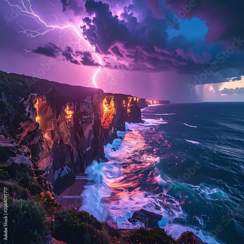 A dramatic seascape with a lightning storm over cliffs (9)