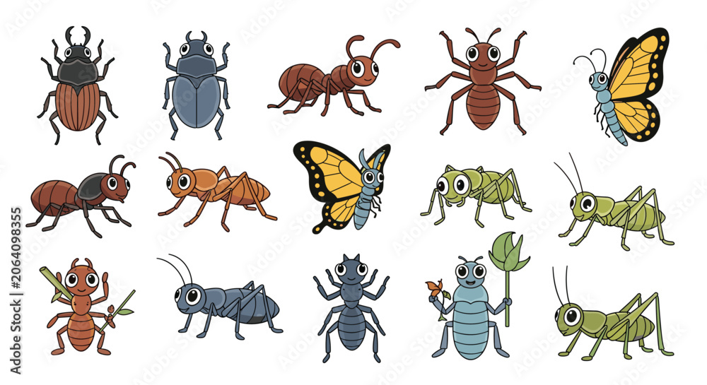 Obraz premium Diverse collection of colorful cartoon insects including ants, butterflies, beetles, and grasshoppers for educational purposes.