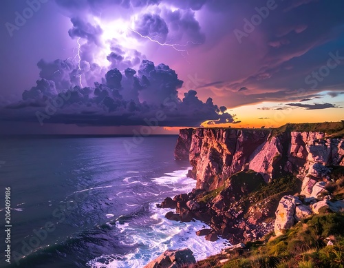 A dramatic seascape with a lightning storm over cliffs (11)