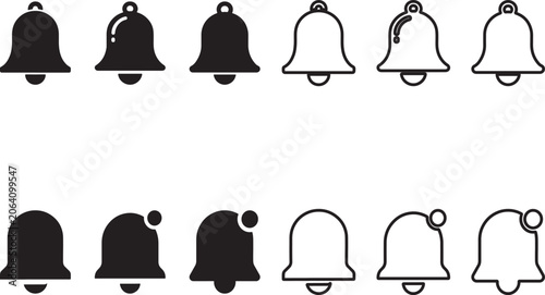 Diverse collection of black bell notification icons presenting solid and outline styles for modern digital user interfaces