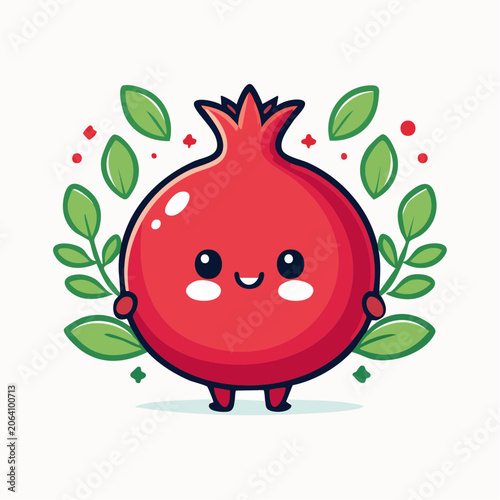 Cute Kawaii Pomegranate Character with Leaves