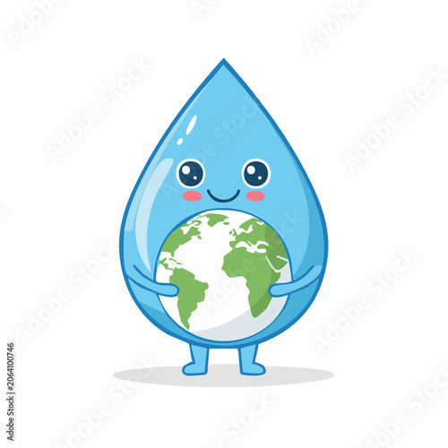 Cute Water Drop Character Holding Planet Earth