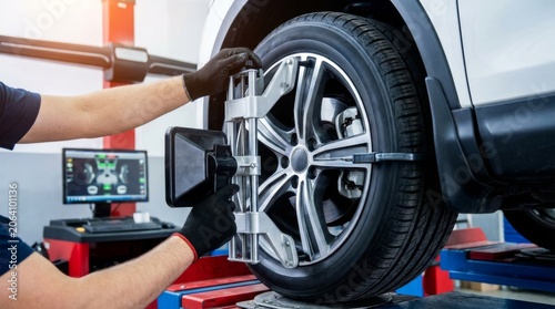 Mechanic performing wheel alignment on a car using modern computerized equipment in an auto repair shop with a computer monitor displaying diagnostic data
