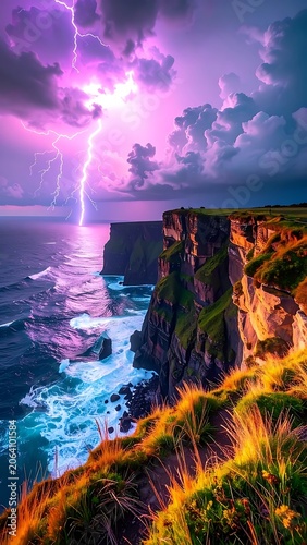 A dramatic seascape with a lightning storm over cliffs (17)
