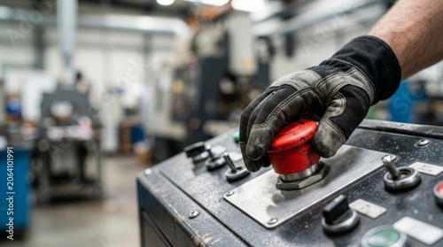 Workers gloved hand pushing a red emergency stop button on an industrial machine control panel in a factory