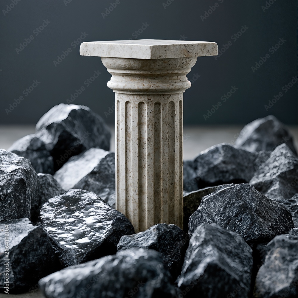 Naklejka premium Strength And Stability Concept, Ancient Stone Column Pedestal Surrounded By Rough Dark Rocks, Foundation And Support Metaphor
