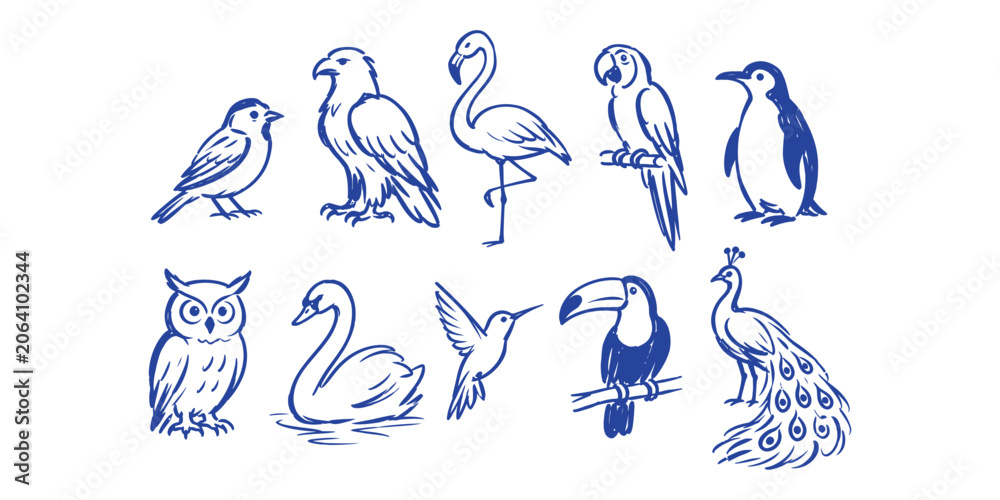 Fototapeta premium birds and wild avian nature doodle icon set with eagle flamingo parrot penguin owl swan and peacock vector illustration