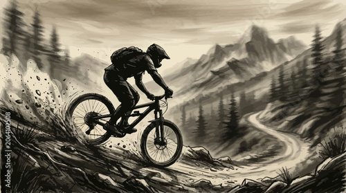 Mountain Biker Descending a Winding Trail Through a Forested Landscape.