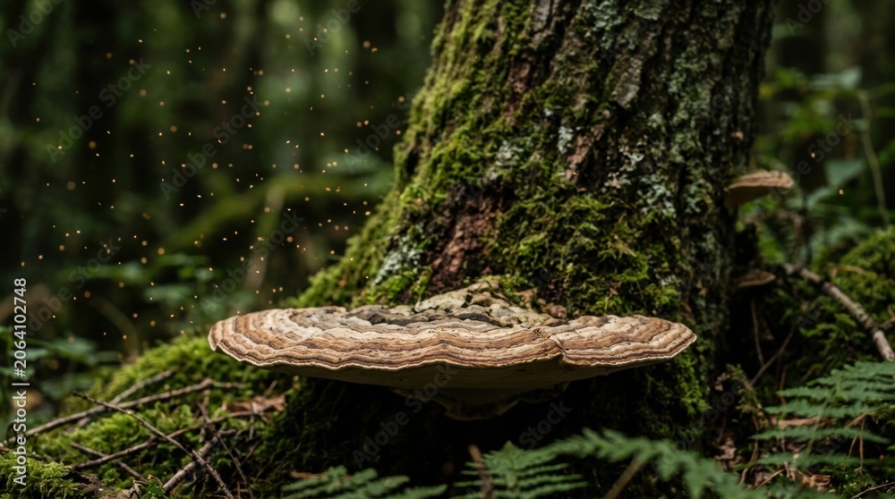 Fototapeta premium Large bracket fungus growing on moss covered tree trunk in a forest with spores being released into the air natural and earthy atmosphere