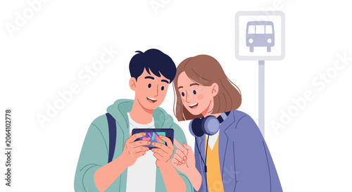 Young couple looking at a smartphone while waiting for a bus at a station stop during their back to school commute in a flat minimal modern artistic style