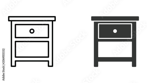 Wooden bedside table nightstand icon set in clean line art and solid black glyph style for furniture catalog