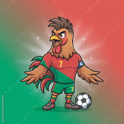 Rooster Football Mascot in Portugal Kit with Trophy