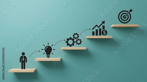 Staircase of floating wooden shelves displaying steps of innovation, execution, and financial profit on a green background.