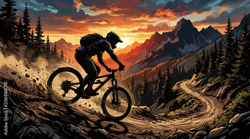 Mountain Biker Descending Trail at Sunset.