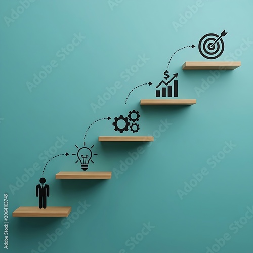 Ascending wooden shelves with black business icons illustrating a successful corporate growth process against a teal wall background.