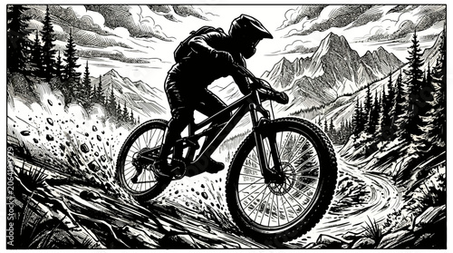Mountain Biker Descending Rocky Trail in Dynamic Black and White Illustration.