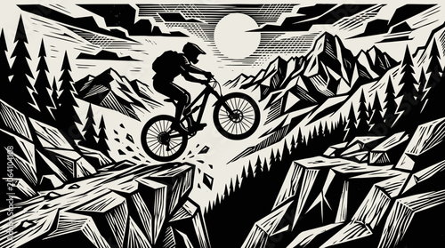 Mountain biker jumping over a cliff in a stylized black and white landscape.