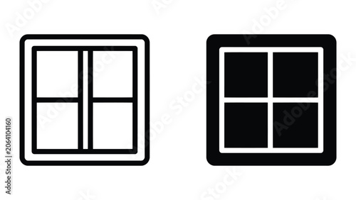 Window frame icons with four panes in outline and solid black style for interior design and construction