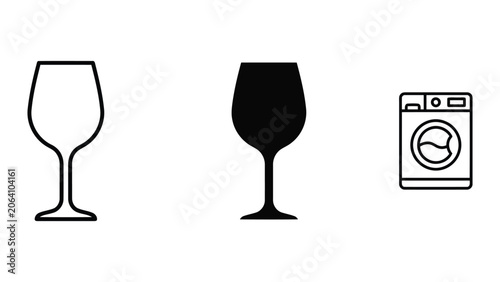 Lifestyle and household icon set including wine glass and washing machine in linear and solid styles for home living and appliance retail branding
