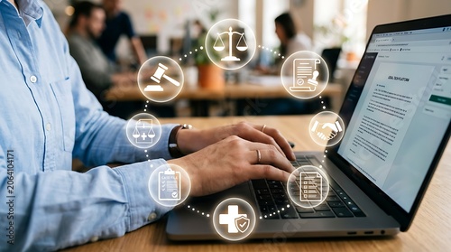 Professional working on a laptop with an abstract legal interface overlay depicting compliance, agreements, and justice icons.