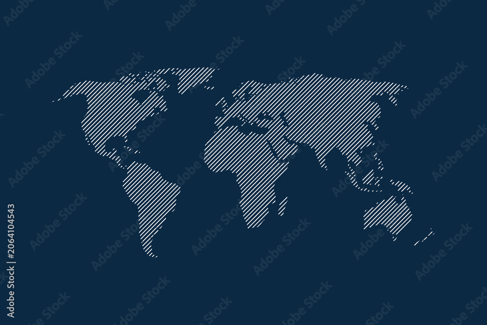 Fototapeta premium Striped world map on a dark blue background, showcasing continents.