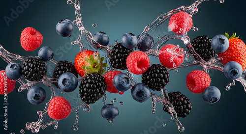 Fresh mixed berries exploding with a liquid splash on dark background (69 characters)