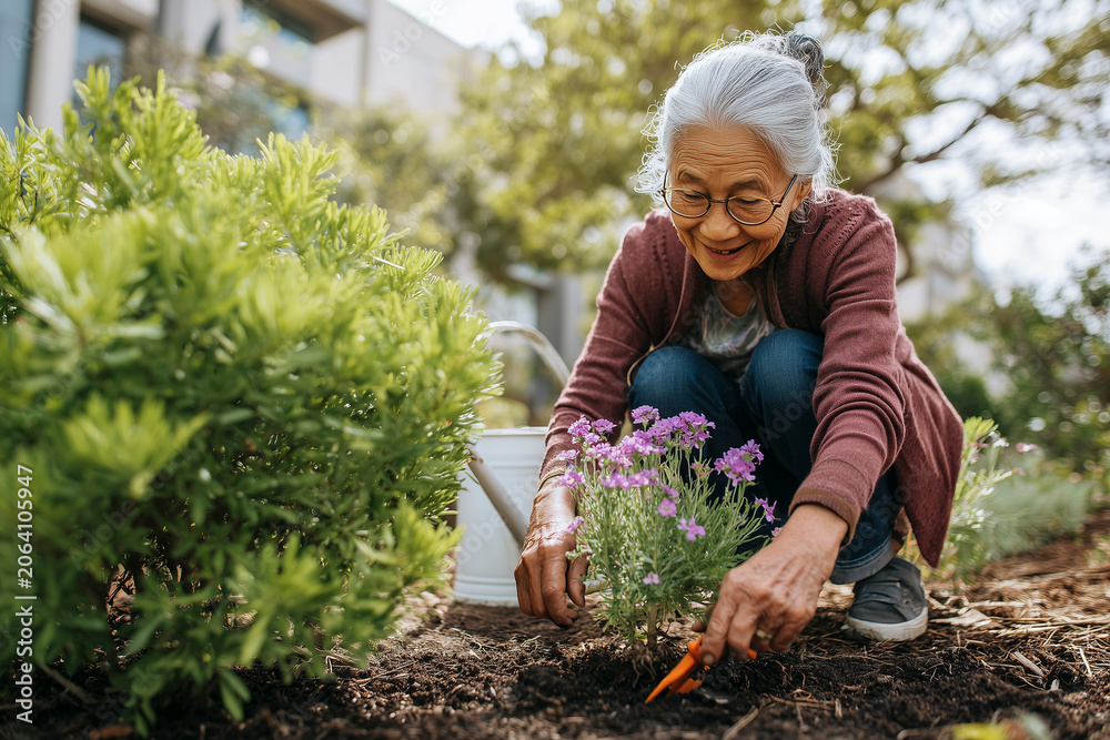 Fototapeta premium A candid shot of an elderly woman gardening outdoors.