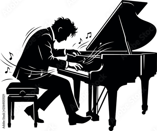 Tableau sur toile Pianist performing a musical piece at a grand piano black silhouette