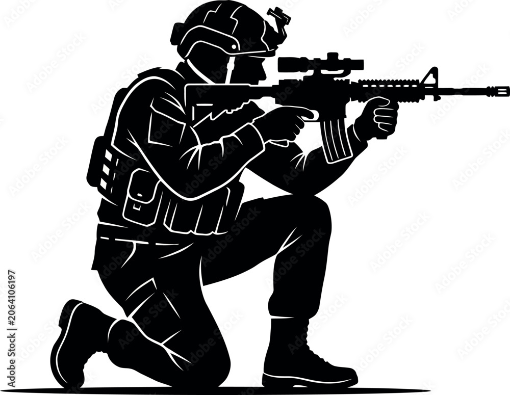 Fototapeta premium Soldier in combat position with rifle a black silhouette against a white background