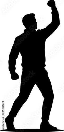 Bild auf Leinwand Triumphant man raising fist in celebration a black silhouette against a white ba