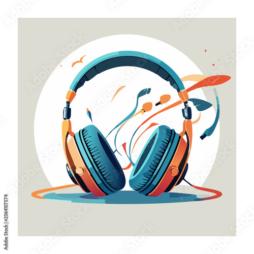 Colorful flat design headphones with music notes