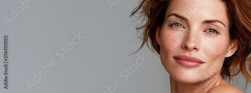 Redhead woman with freckles on grey background. Natural peptide skincare, authentic beauty dermatology concept with copy space for website text.