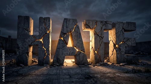 Massive Stone Letters Spelling Out the Word HATE in a Dark, Cracked Landscape.