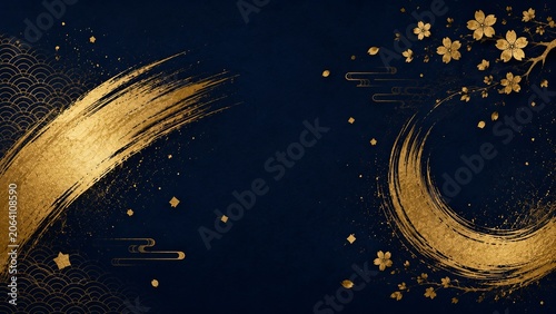 Japanese Art Background with Cherry Blossoms and Gold Brush Stroke