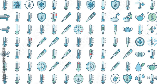 Cuadro en lienzo Medical thermometer and healthcare icons set for fever measurement climate contr