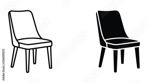 Modern dining room chair icon set featuring minimalist furniture design with sleek backrest and wooden legs in outline and solid black vector silhouettes for interior design and home decor concepts